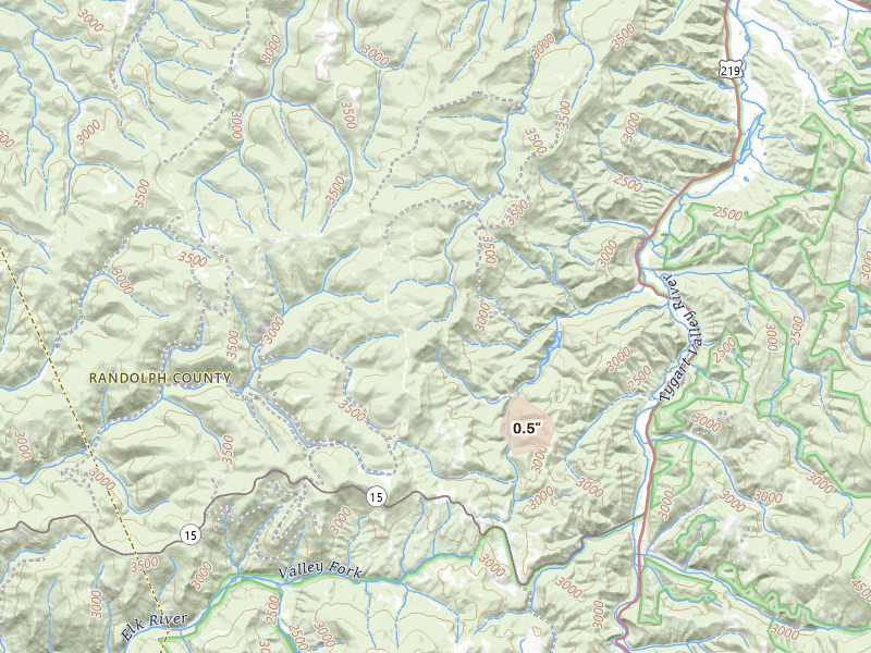 Radar-estimated hail-size map of the storm over Monterville, WV on Jul 17, 2026