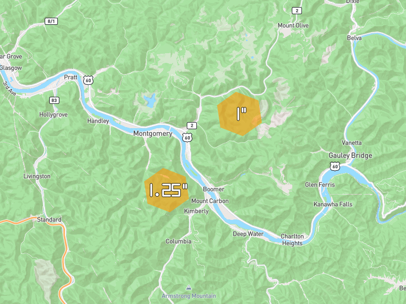 Hail map of Montgomery, WV on Jul 4, 2026, hail up to 1.25"