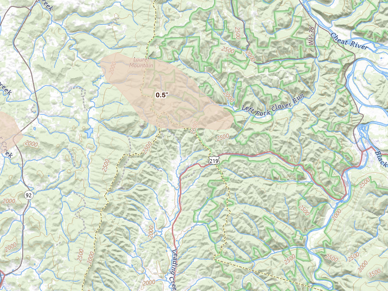 Radar-estimated hail-size map of the storm over Montrose, WV on May 27, 2026
