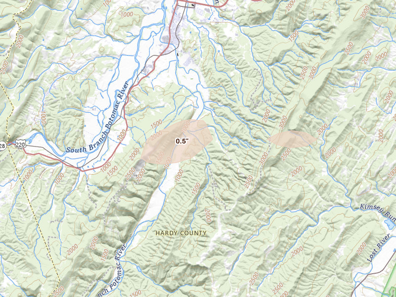 Radar-estimated hail-size map of the storm over Moorefield, WV on Mar 5, 2026