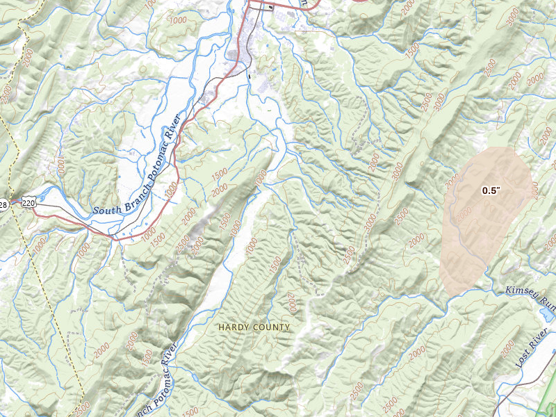 Radar-estimated hail-size map of the storm over Moorefield, WV on May 18, 2026