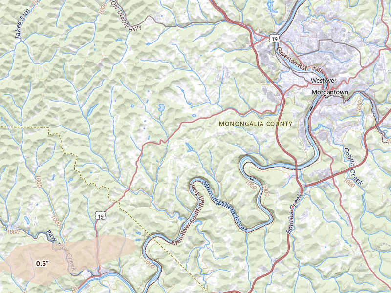 Radar-estimated hail-size map of the storm over Morgantown, WV on Apr 1, 2026