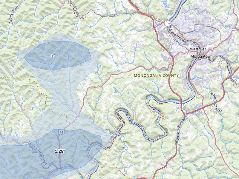 NEXRAD radar-signature map of the hail storm over Morgantown, WV on Apr 1, 2026