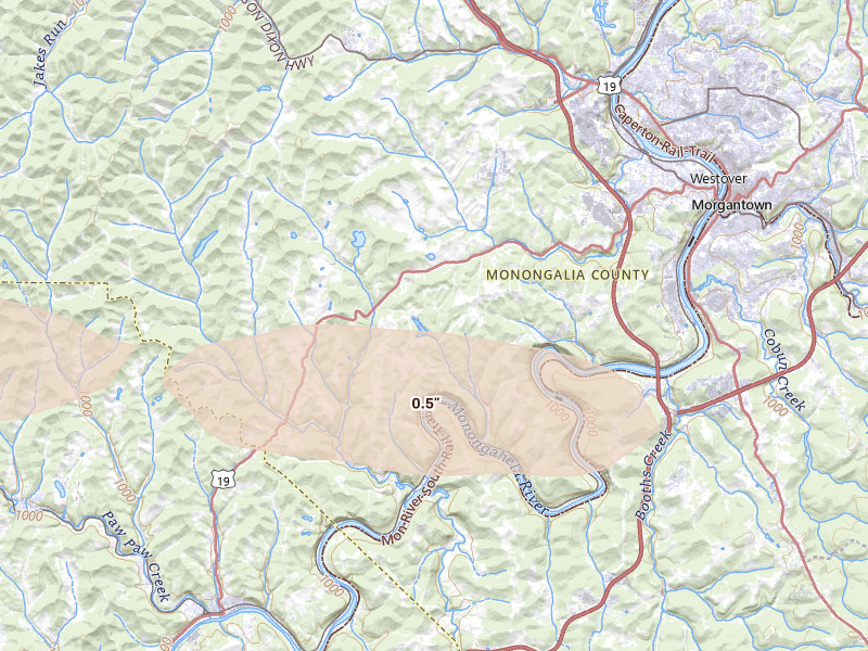 Radar-estimated hail-size map of the storm over Morgantown, WV on May 13, 2026