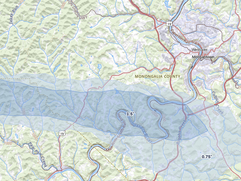 NEXRAD radar-signature map of the hail storm over Morgantown, WV on May 13, 2026