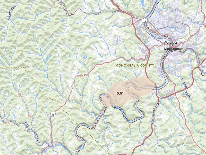 Radar-estimated hail-size map of the storm over Morgantown, WV on Jul 4, 2026
