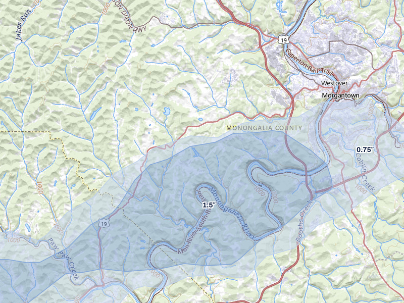 NEXRAD radar-signature map of the hail over Morgantown, WV