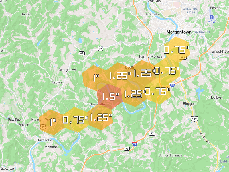 Hail map of Morgantown, WV on Jul 4, 2026, hail up to 1.5"