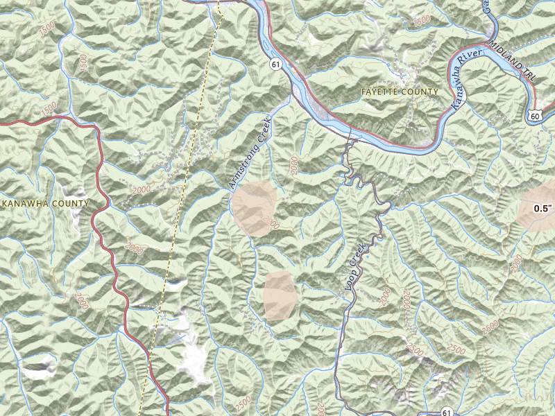 Radar-estimated hail-size map of the storm over Mount Carbon, WV on Jul 5, 2026