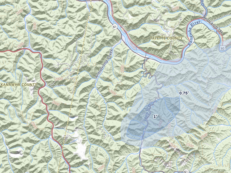 NEXRAD radar-signature map of the hail storm over Mount Carbon, WV on Jul 5, 2026