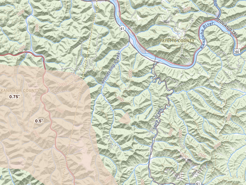 Radar-estimated hail-size map of the storm over Mount Carbon, WV on Jul 21, 2026