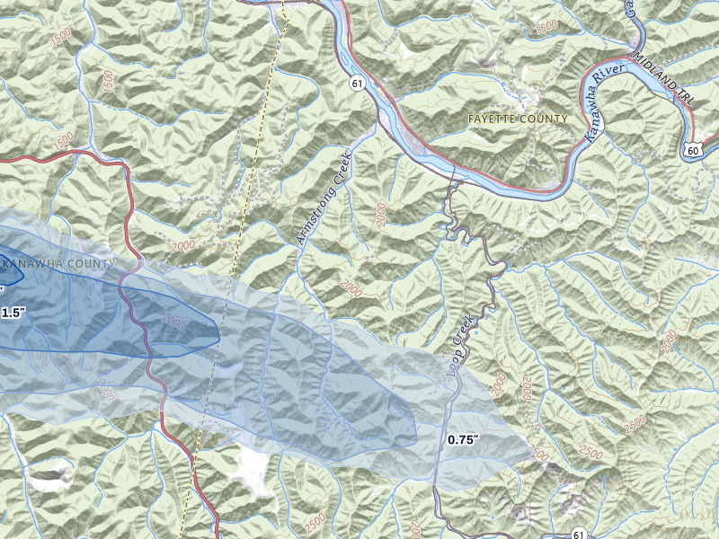 NEXRAD radar-signature map of the hail over Mount Carbon, WV