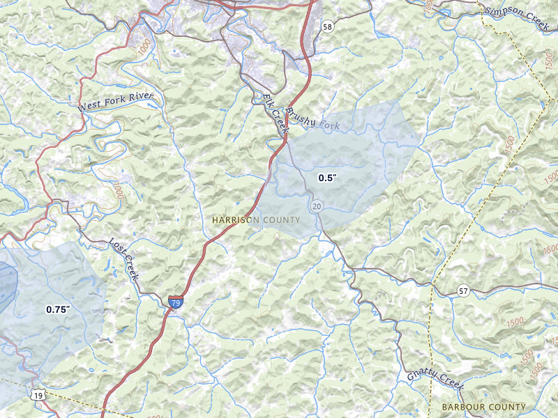 NEXRAD radar-signature map of the hail over Mount Clare, WV