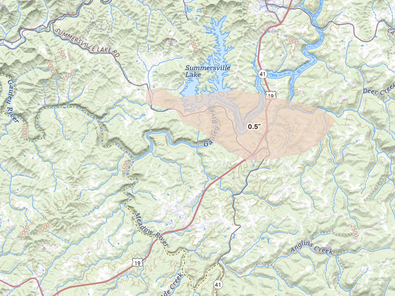 Radar-estimated hail-size map of the storm over Mount Nebo, WV on Jun 12, 2026