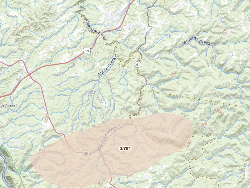 Radar-estimated hail-size map of the storm over Nallen, WV on Aug 2, 2026