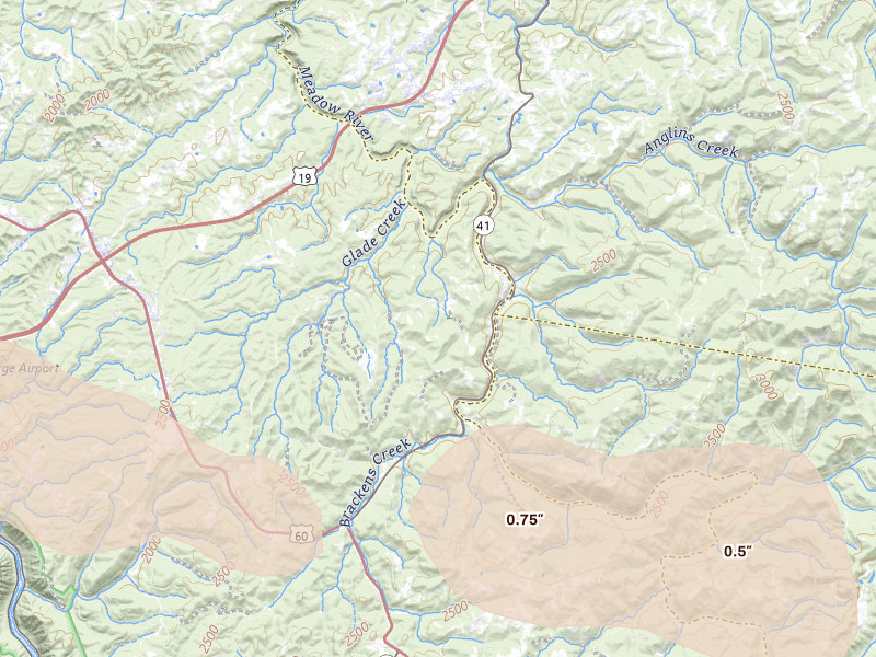 Radar-estimated hail-size map of the storm over Nallen, WV on Aug 10, 2026