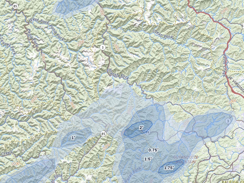 NEXRAD radar-signature map of the hail over Naoma, WV
