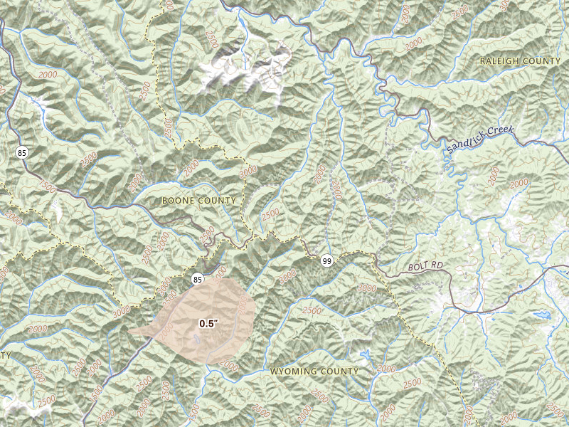 Radar-estimated hail-size map of the storm over Naoma, WV on Aug 22, 2026