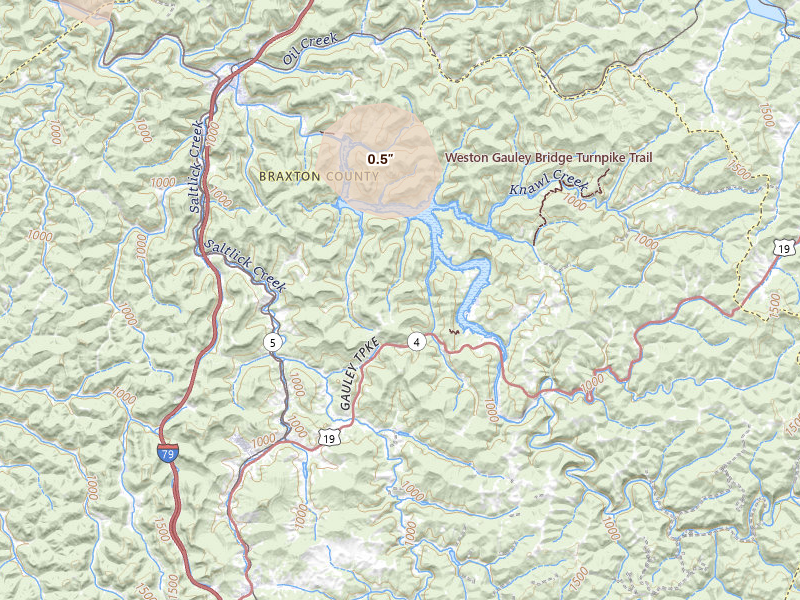 Radar-estimated hail-size map of the storm over Napier, WV on Aug 10, 2026