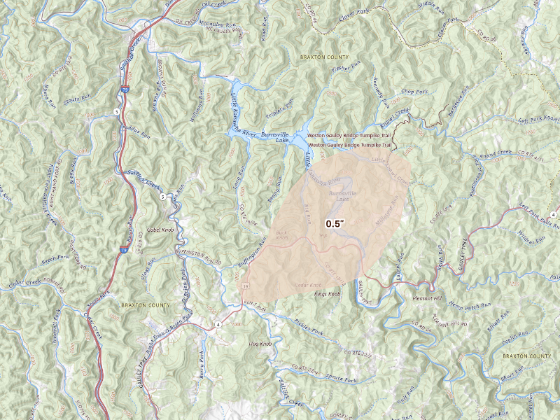 Radar-estimated hail-size map of the storm over Napier, WV on Sep 21, 2026