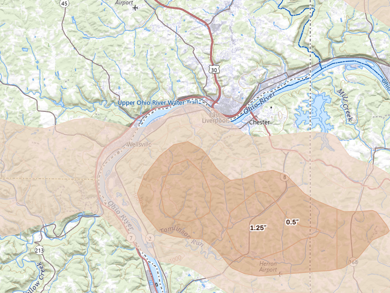 Radar-estimated hail-size map of the storm over New Cumberland, WV