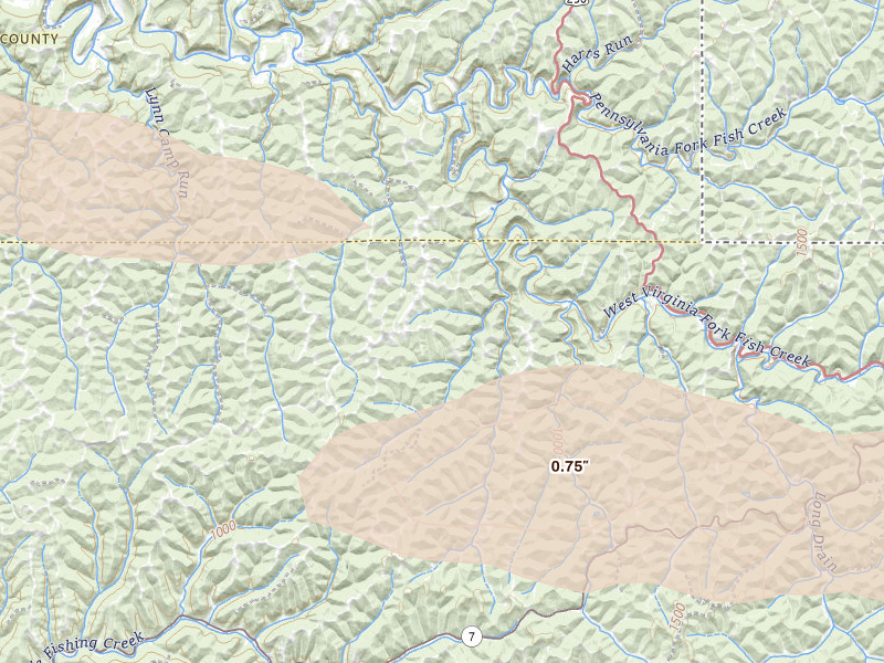 Radar-estimated hail-size map of the storm over New Martinsville, WV on Apr 1, 2026