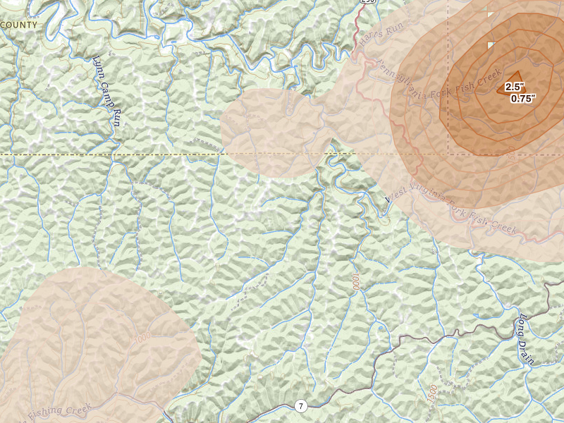 Radar-estimated hail-size map of the storm over New Martinsville, WV on Jul 4, 2026