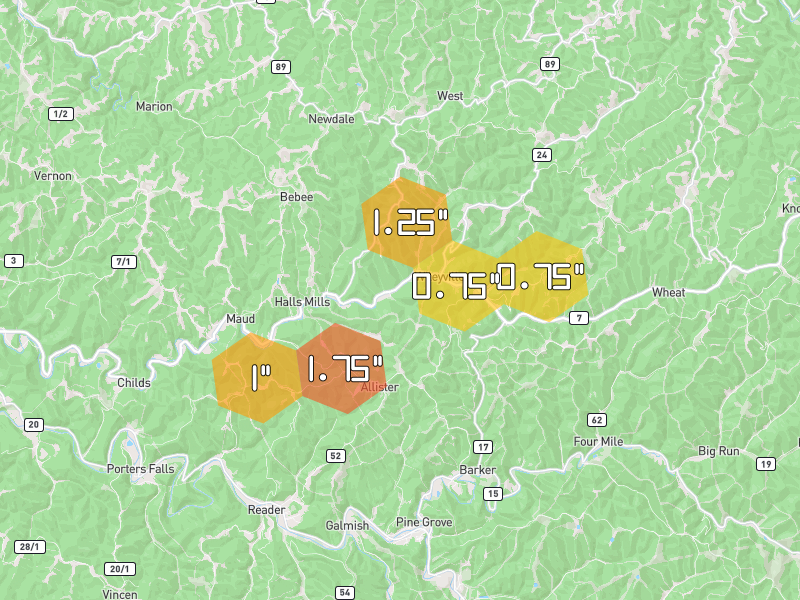 Hail map of New Martinsville, WV on Jul 4, 2026, hail up to 1.75"