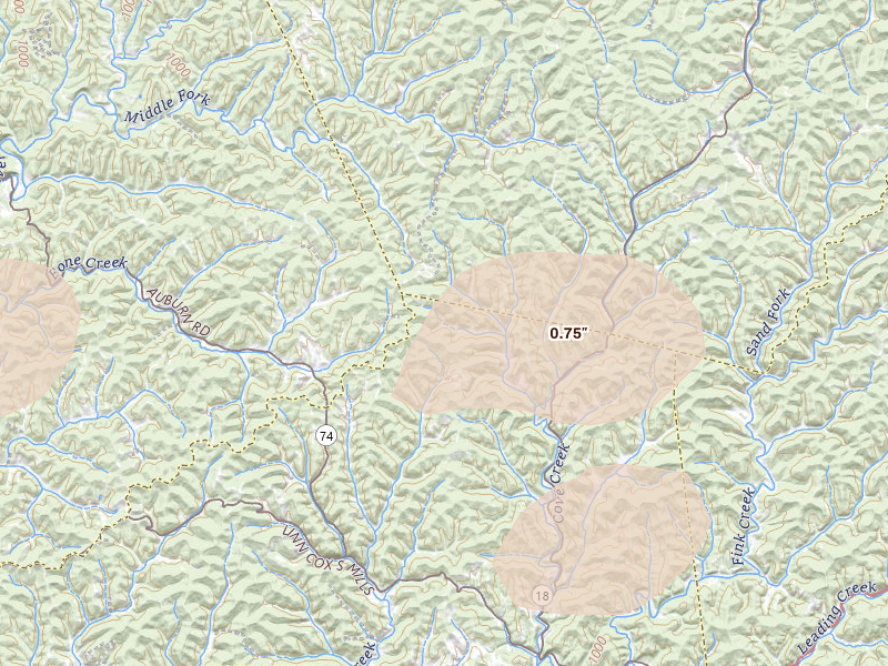 Radar-estimated hail-size map of the storm over New Milton, WV on Jul 4, 2026