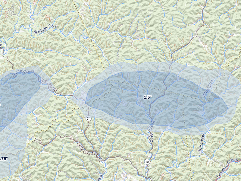 NEXRAD radar-signature map of the hail over New Milton, WV