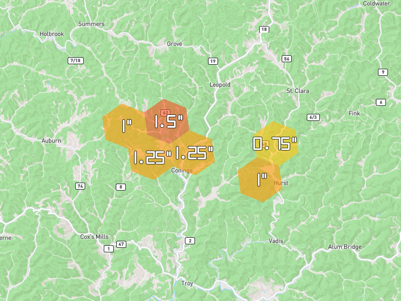 Hail map of New Milton, WV on Jul 4, 2026, hail up to 1.5"