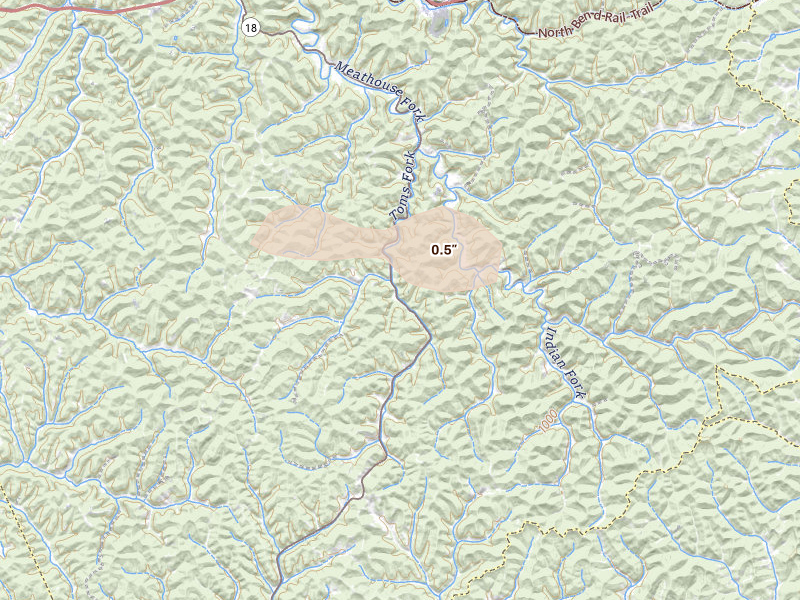 Radar-estimated hail-size map of the storm over New Milton, WV on Aug 10, 2026