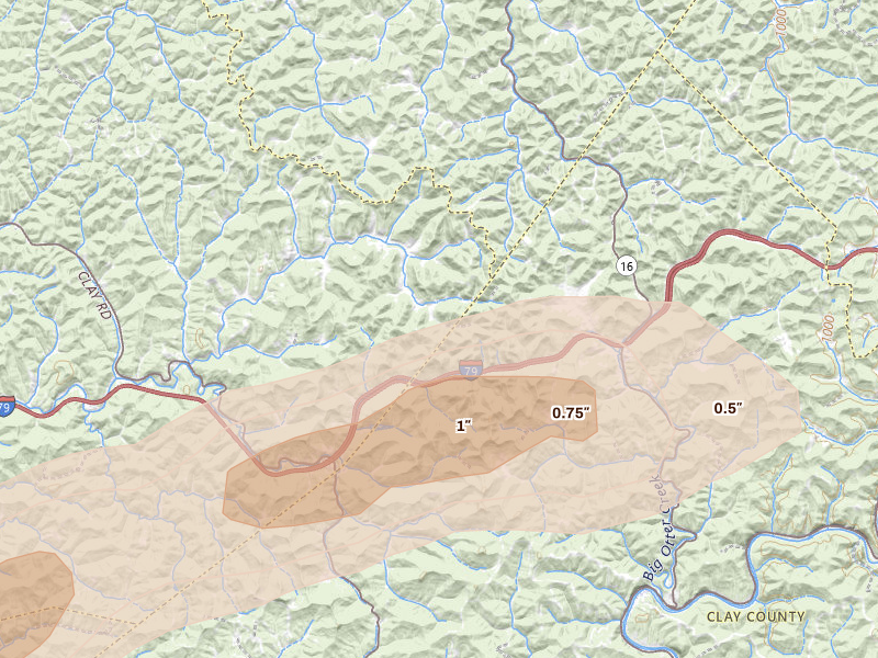 Radar-estimated hail-size map of the storm over Newton, WV on May 20, 2026