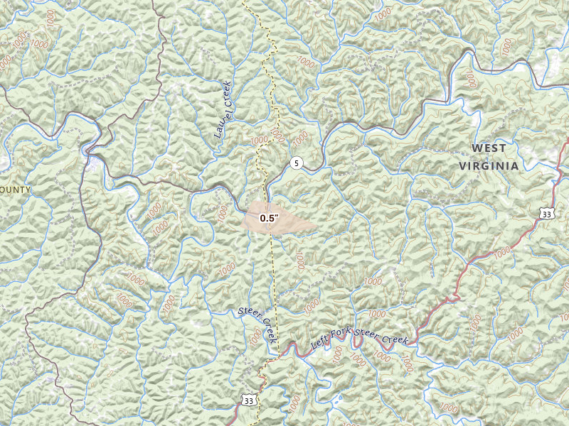Radar-estimated hail-size map of the storm over Normantown, WV on Jun 10, 2026