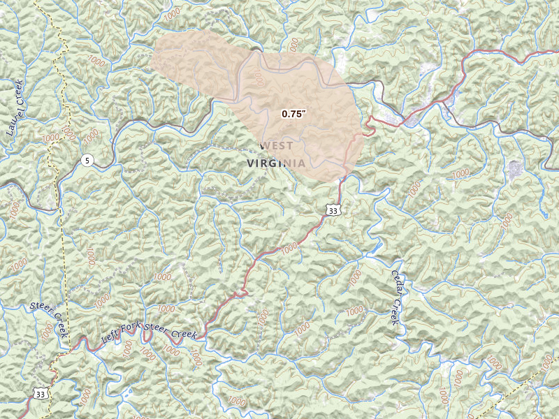 Radar-estimated hail-size map of the storm over Normantown, WV