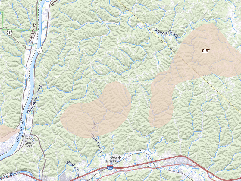 Radar-estimated hail-size map of the storm over Ona, WV on Aug 16, 2026