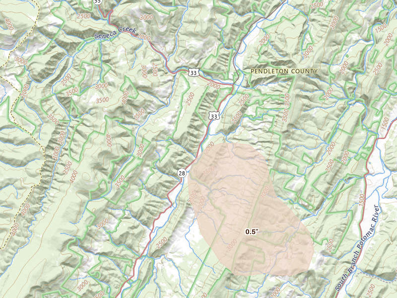 Radar-estimated hail-size map of the storm over Onego, WV on Jul 4, 2026