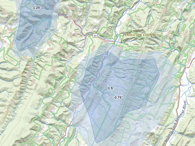 NEXRAD radar-signature map of the hail storm over Onego, WV on Jul 4, 2026
