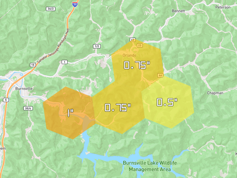 Hail map of Orlando, WV on Jul 4, 2026, hail up to 1"