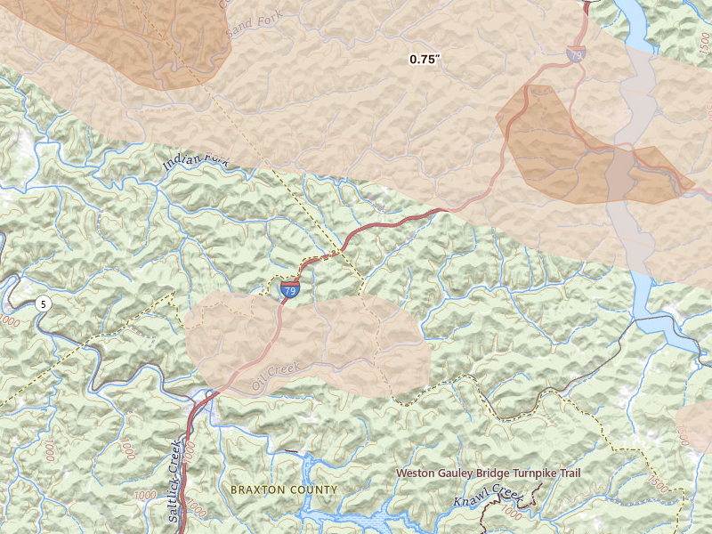 Radar-estimated hail-size map of the storm over Orlando, WV on Jul 21, 2026