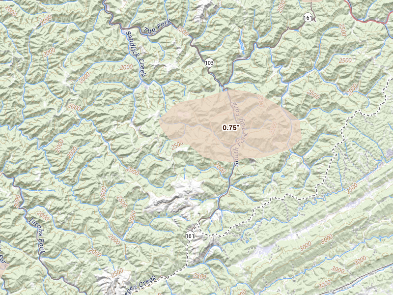 Radar-estimated hail-size map of the storm over Pageton, WV on Jun 12, 2026