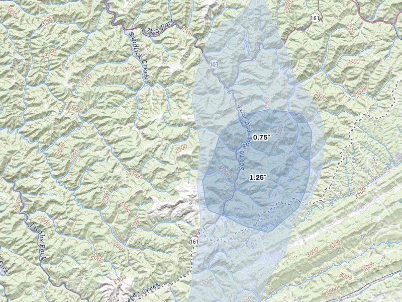 NEXRAD radar-signature map of the hail over Pageton, WV