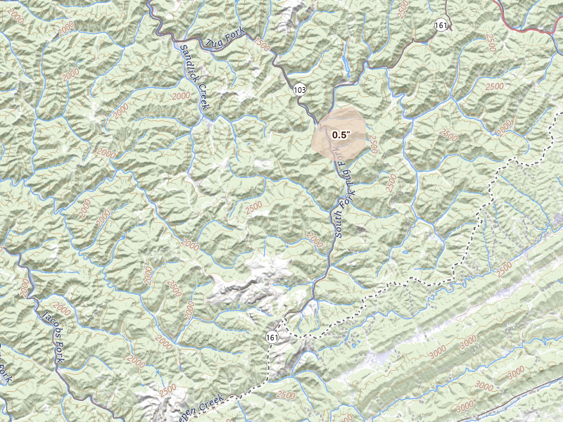 Radar-estimated hail-size map of the storm over Pageton, WV on Aug 2, 2026