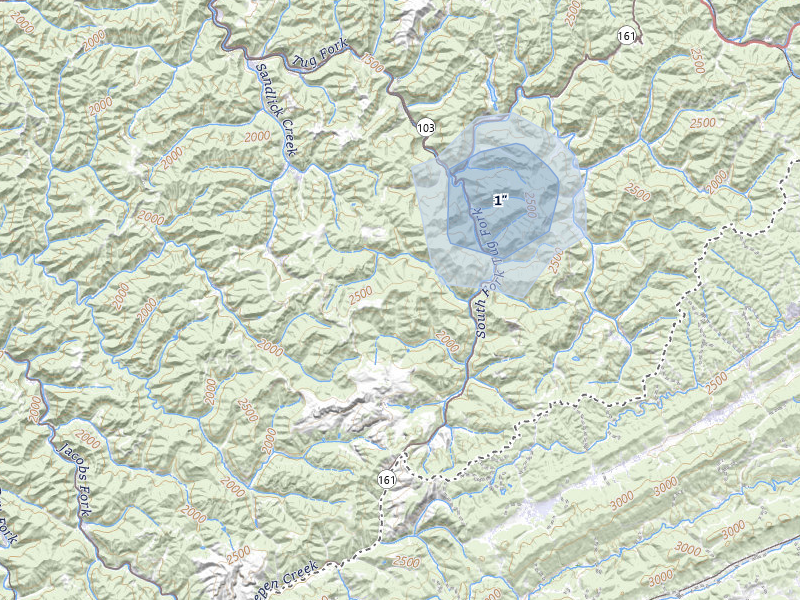 NEXRAD radar-signature map of the hail over Pageton, WV