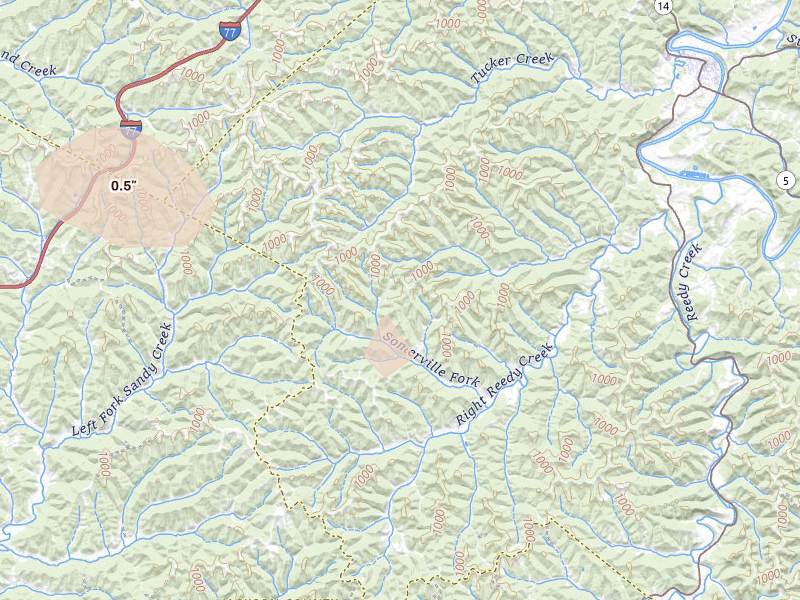 Radar-estimated hail-size map of the storm over Palestine, WV on Aug 10, 2026