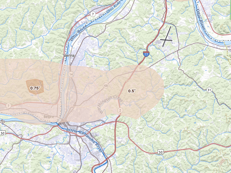 Radar-estimated hail-size map of the storm over Parkersburg, WV on Apr 1, 2026