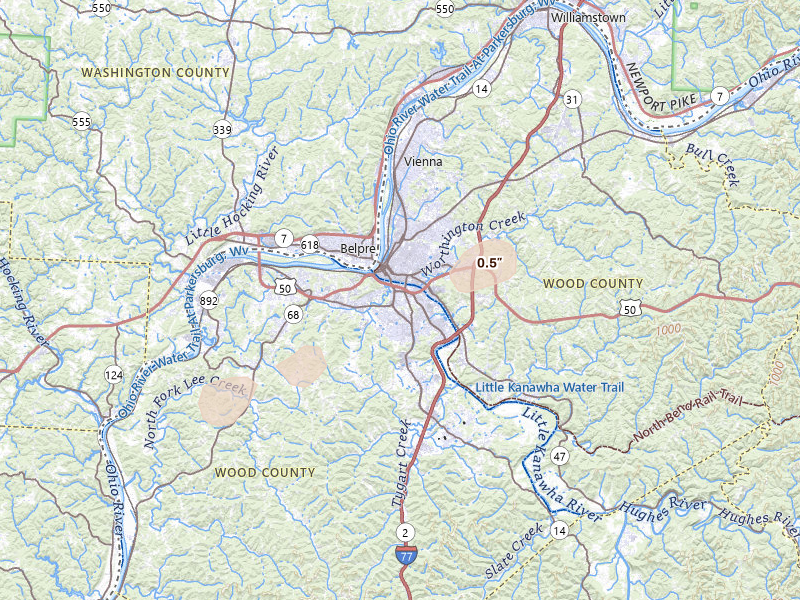 Radar-estimated hail-size map of the storm over Parkersburg, WV on Aug 7, 2026