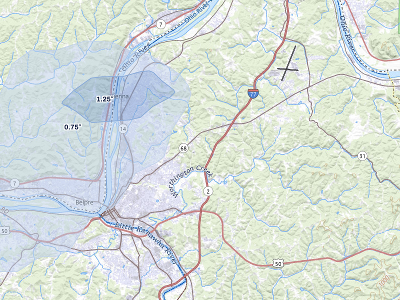 NEXRAD radar-signature map of the hail storm over Parkersburg, WV on Aug 8, 2026