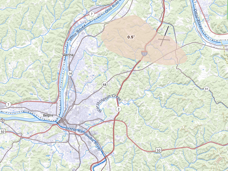Radar-estimated hail-size map of the storm over Parkersburg, WV on Aug 10, 2026