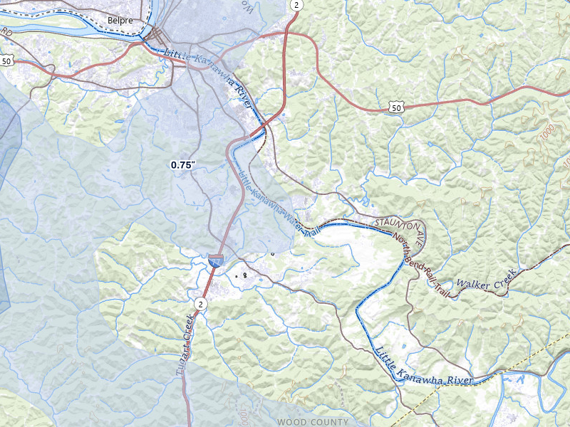 NEXRAD radar-signature map of the hail storm over Parkersburg, WV on Aug 10, 2026